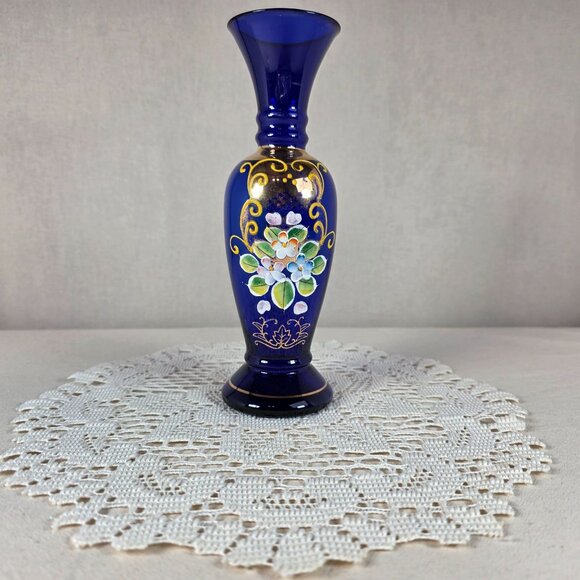 Bohemia Other - Bohemian Czech Cobalt Blue Vase 24k Gold Gilt & Hand Enameled Floral Design